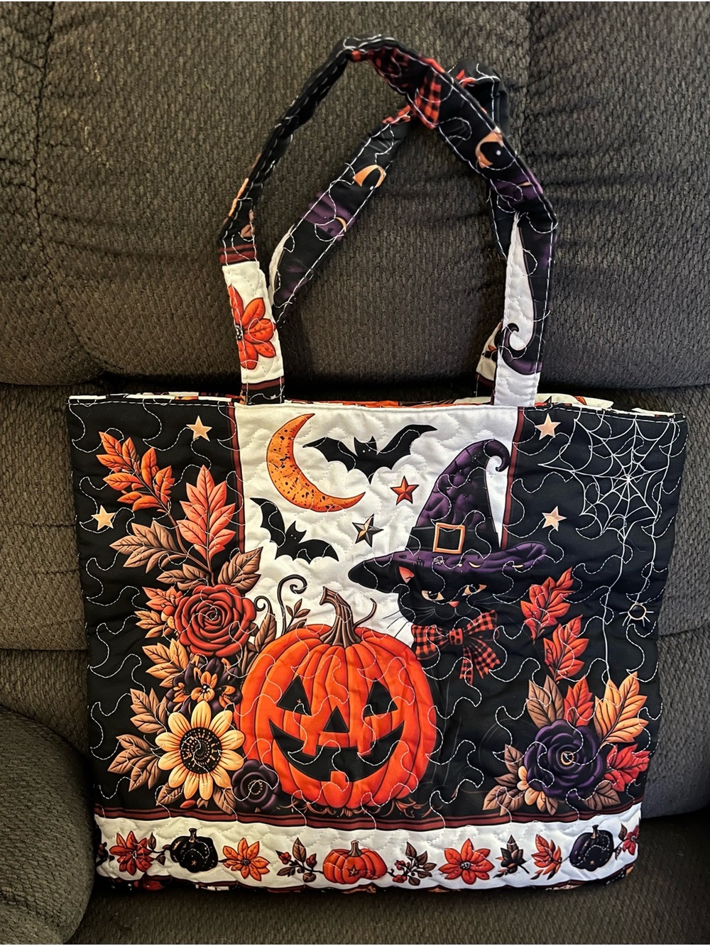 Festive Halloween Pumpkin Quilted Tote Bag — Black Orange Purple